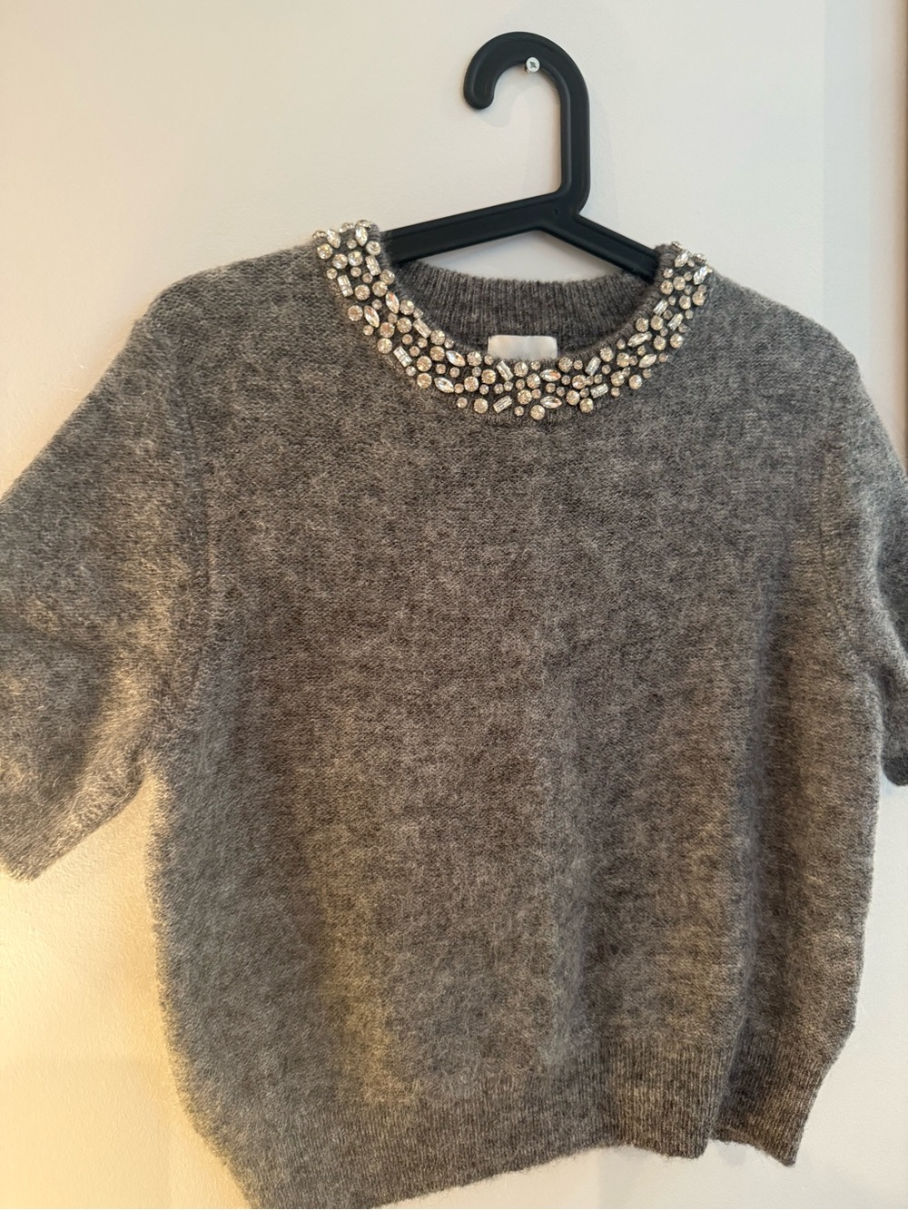 H&M Gray Short-Sleeve Crewneck Sweater with Jeweled Collar